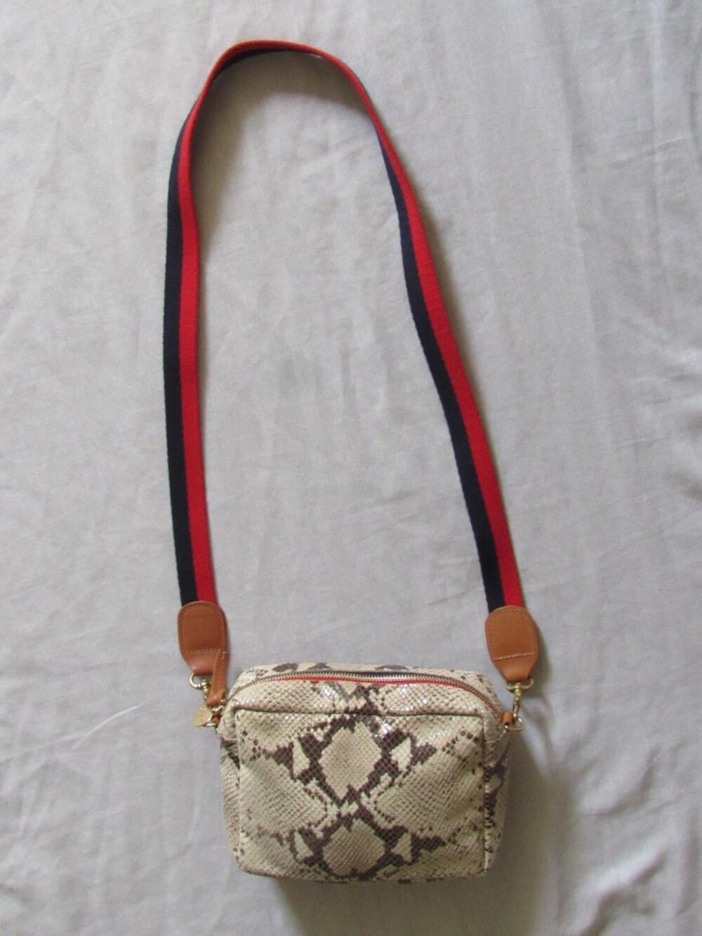 Clare V. Midi Sac Reptile Snakeskin Embossed Leather Crossbody Bag Purple Tan